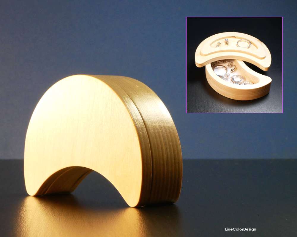 handmade wood jewelry box shaped like a half moon