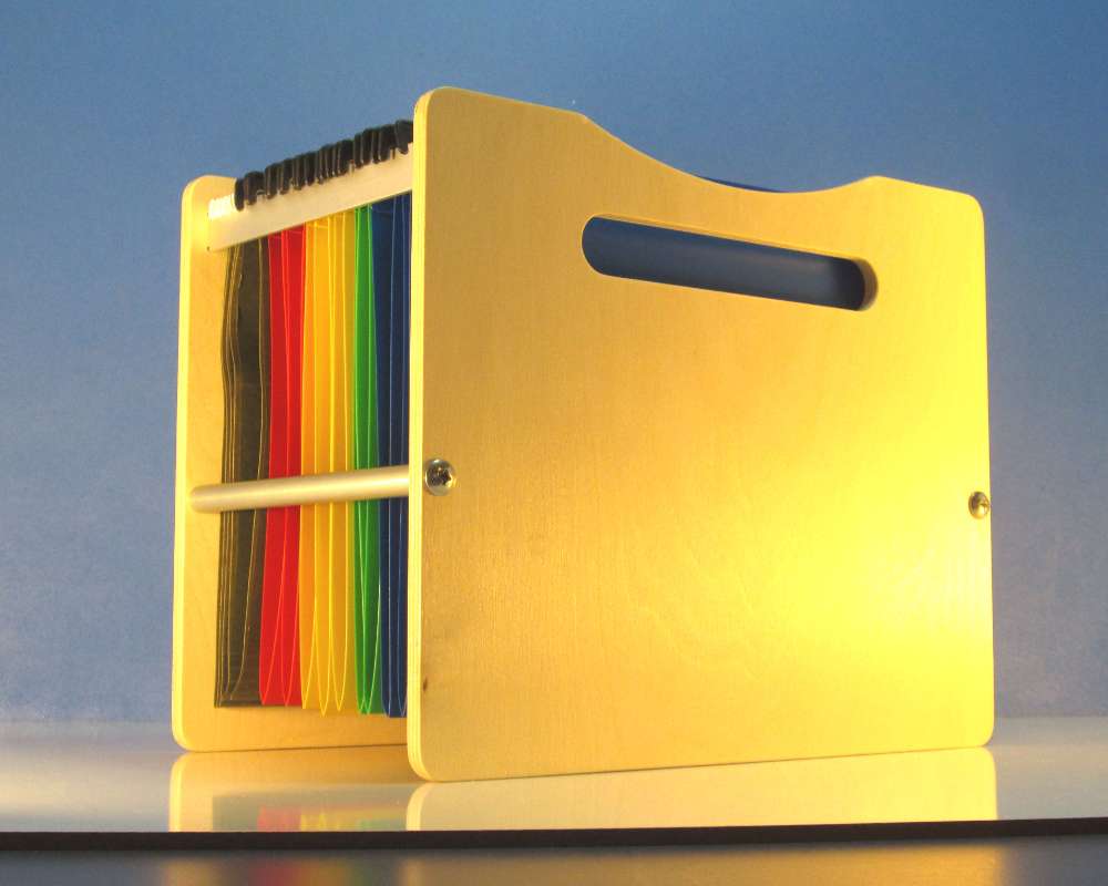 hanging folder file organizer made from wood and aluminum with colored folders