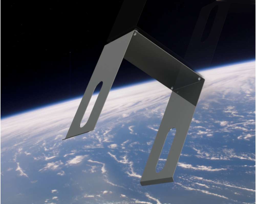 computer image of a modern metal trash bin floating in space with earth as background